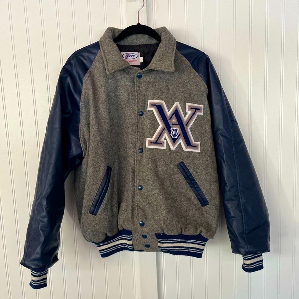 Vintage Varsity Letterman Jacket Gray Wool with Blue Leather Sleeves VA Coat